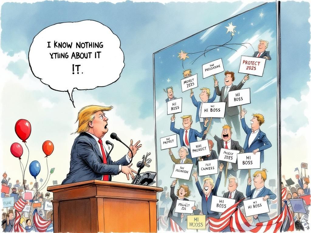 Trumpy-Wumpy denying Project 2025 while surrounded by its authors who wave at him
